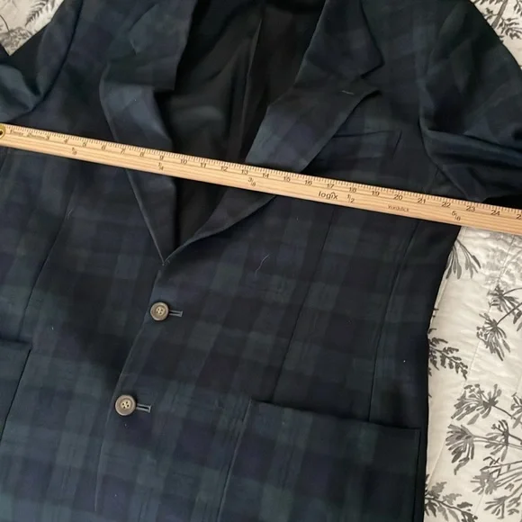 HUNTING HORN DESIGN FOR J. RIGGINGS WOOL BLEND TARTAN PLAID Navy Green Size 42L - Picture 7 of 9
